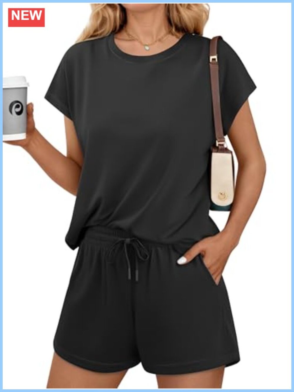 2 Piece Short Sleeve Knit Lounge Set with Pockets Drawstring Waist